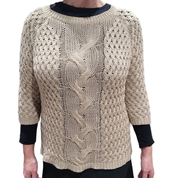 Cyrus Tan Fisherman Cable Knit Sweater Sz M Neutral Cozy Capsule Layering Warm - Picture 1 of 10